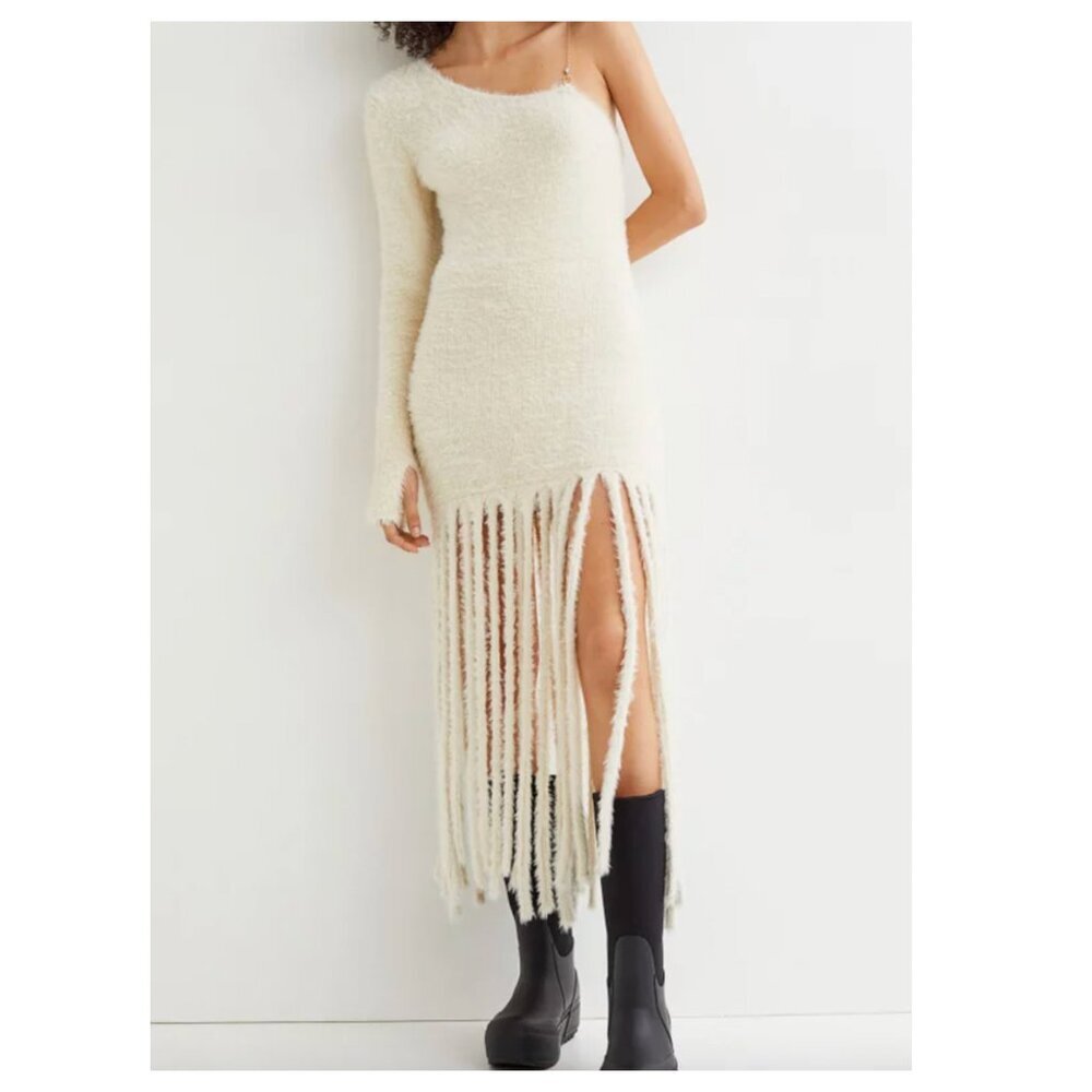 H&M Cream One-Shoulder Fringe Midi Dress